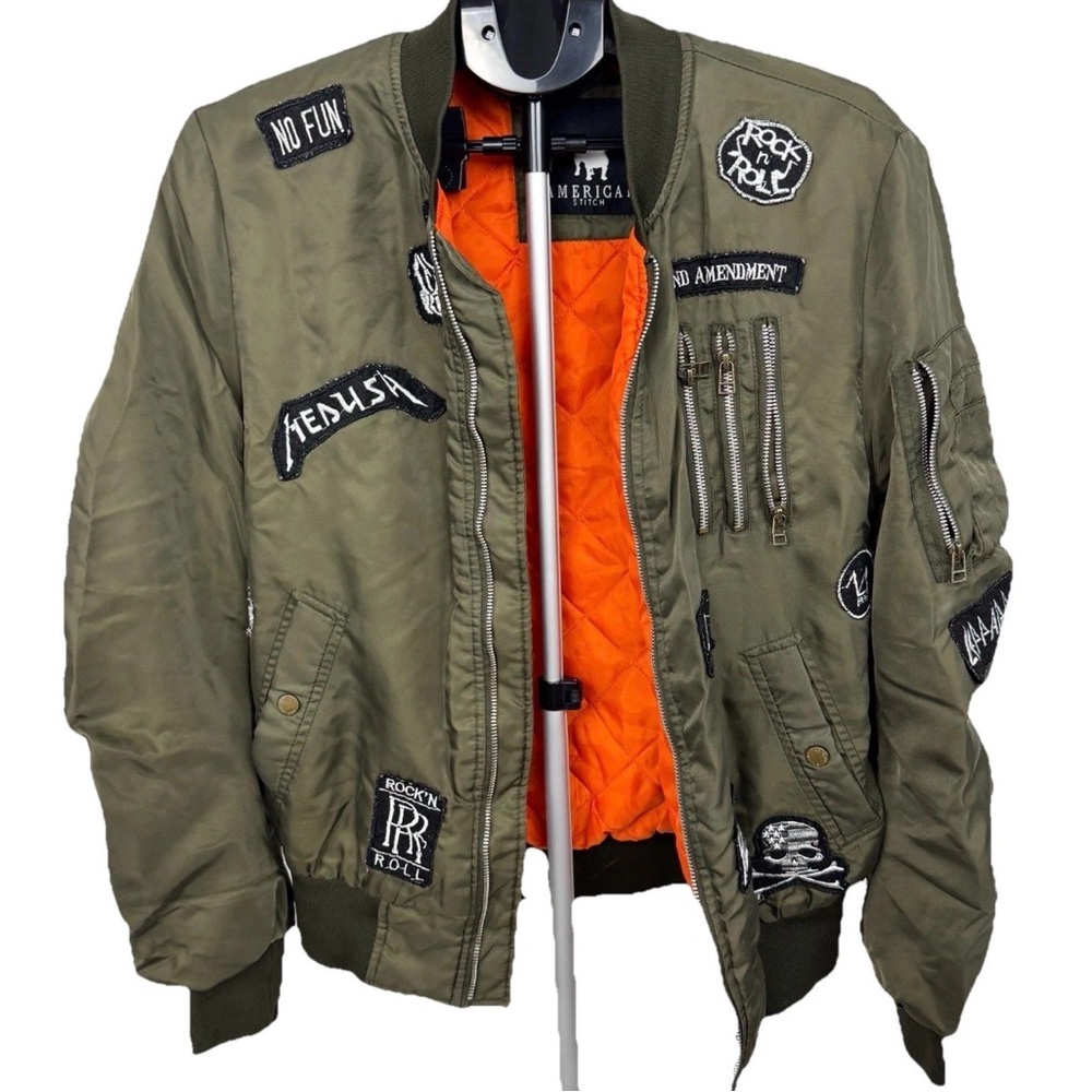 American Stitch Army Green Patchwork Bomber Jacket Rock N Roll Patches Size L